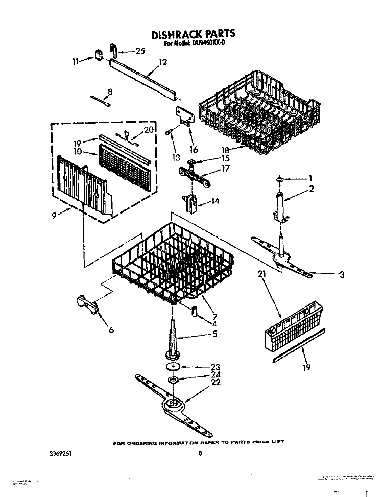 DISHRACK Diagram and Parts List for DU9450XX0  Whirlpool Dishwasher