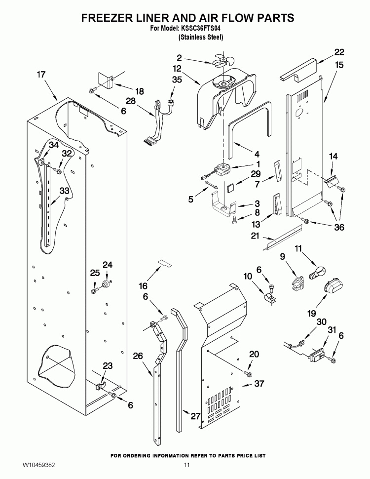 FREEZER LINER AND AIR FLOW PARTS Diagram and Parts List for KSSC36FTS04  KitchenAid Refrigerator