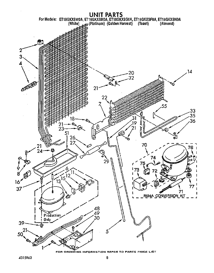 UNIT Diagram and Parts List for ET18GKXSW0A  Whirlpool Refrigerator