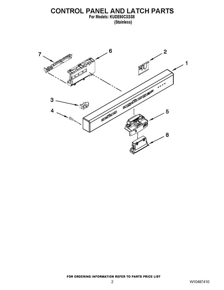 CONTROL PANEL AND LATCH PARTS Diagram and Parts List for KUDE50CXSS8  KitchenAid Dishwasher