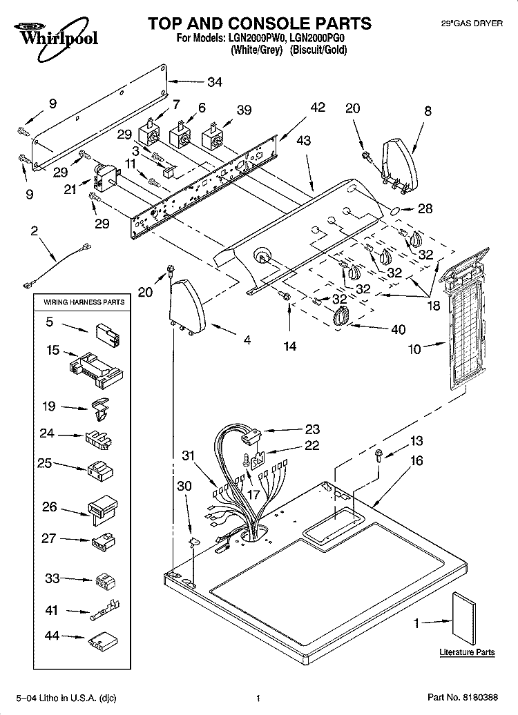 TOP AND CONSOLE PARTS OPTIONAL PARTS (NOT INCLUDED) Diagram and Parts List for LGN2000PW0  Whirlpool Dryer