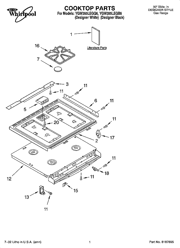 COOKTOP PARTS Diagram and Parts List for YGW395LEGQ6  Whirlpool Range