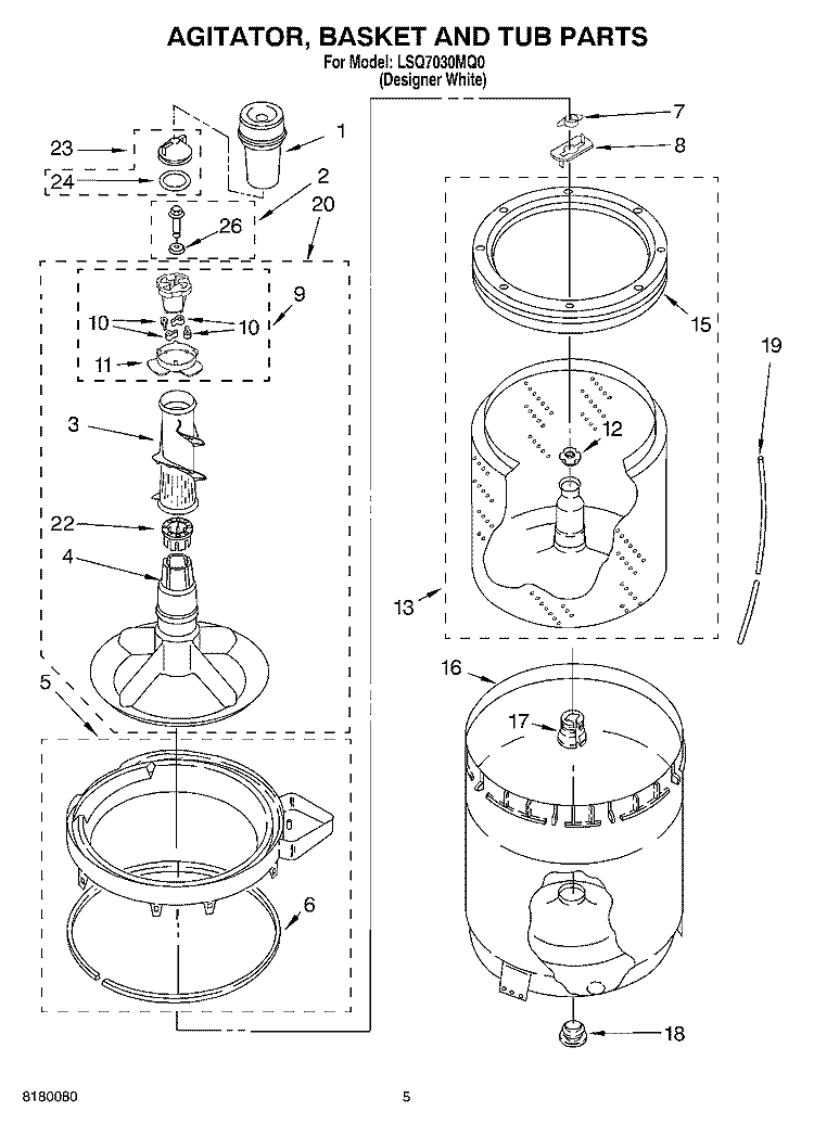 AGITATOR, BASKET AND TUB PARTS Diagram and Parts List for LSQ7030MQ0  Whirlpool Washer
