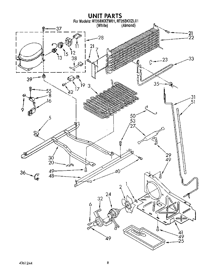 UNIT Diagram and Parts List for RT25BKXZW01  Roper Refrigerator