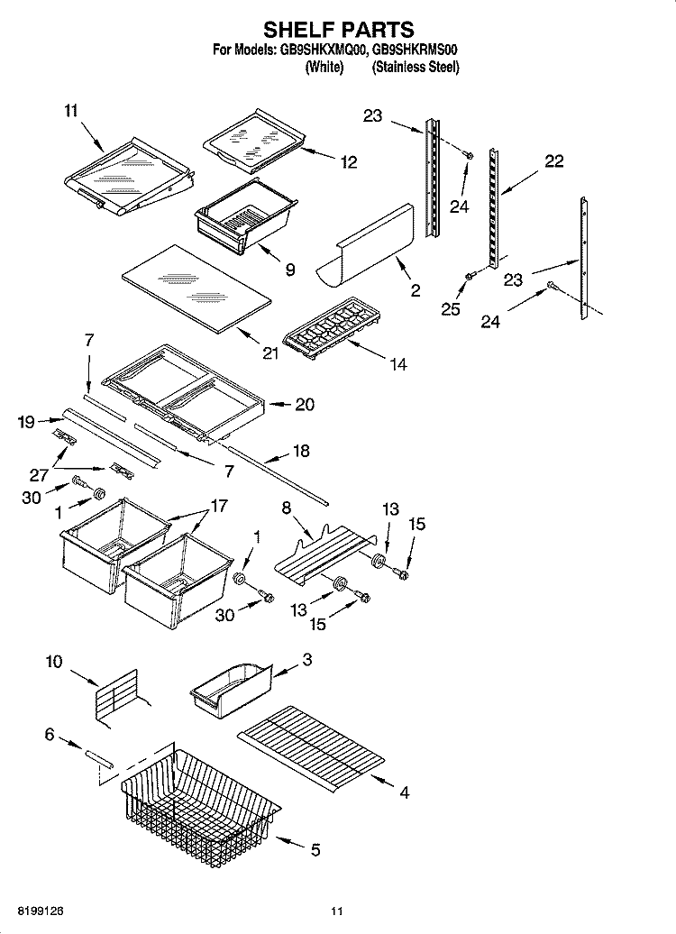 SHELF PARTS, OPTIONAL PARTS Diagram and Parts List for GB9SHKRMS00  Whirlpool Refrigerator