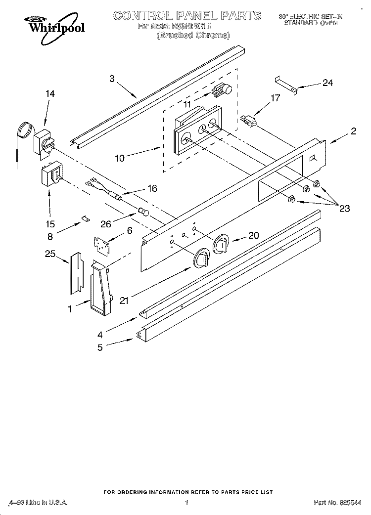 CONTROL PANEL Diagram and Parts List for RS610PXYH1  Whirlpool Range