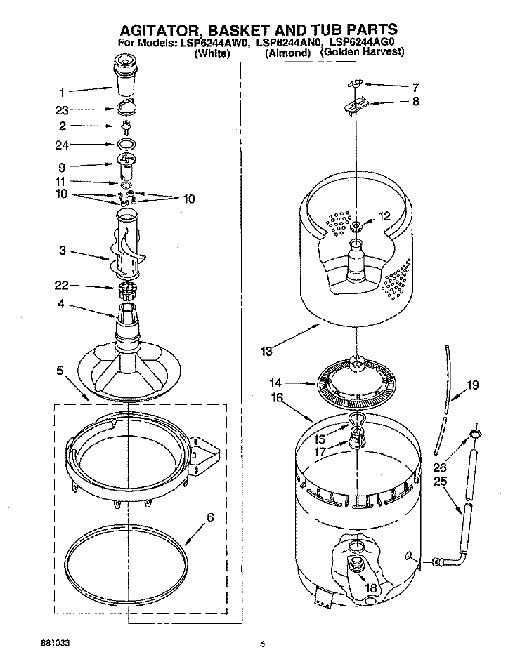 AGITATOR, BASKET AND TUB Diagram and Parts List for LSP6244AN0  Whirlpool Washer