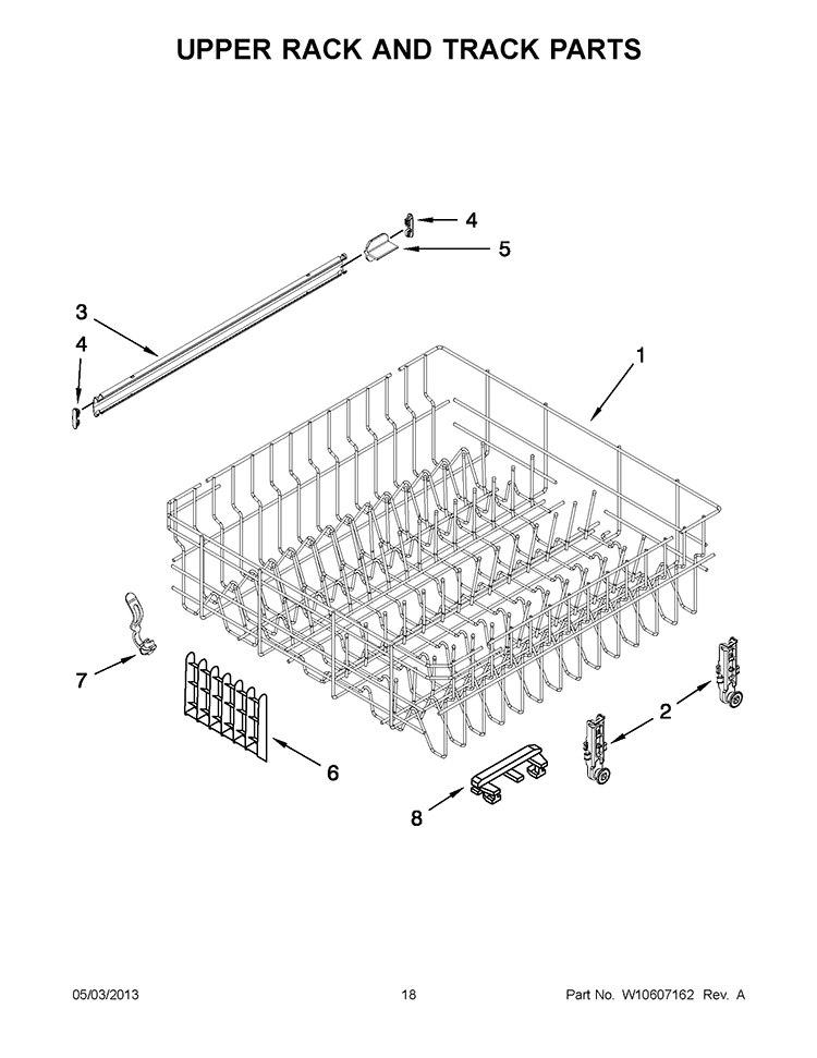 UPPER RACK AND TRACK PARTS Diagram and Parts List for 7WDF530PAYM5  Whirlpool Dishwasher