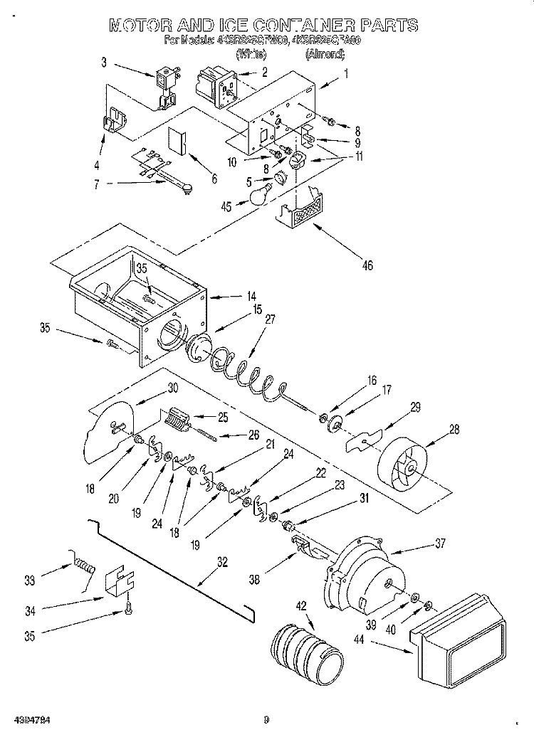 MOTOR AND ICE CONTAINER Diagram and Parts List for 4KSRS25QFW00  KitchenAid Refrigerator