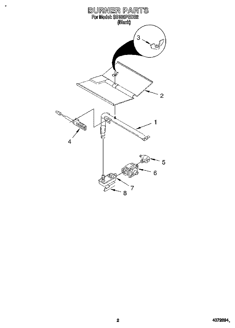 BURNER Diagram and Parts List for SB100PEDB2  Whirlpool Wall Oven