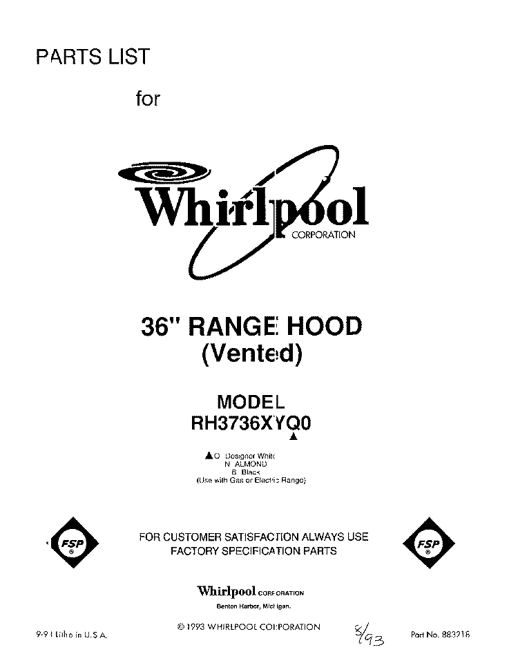SECTION Diagram and Parts List for RH3736XYQ0  Whirlpool Range Hood
