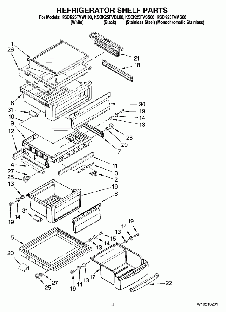 REFRIGERATOR SHELF PARTS Diagram and Parts List for KSCK25FVMS00  KitchenAid Refrigerator