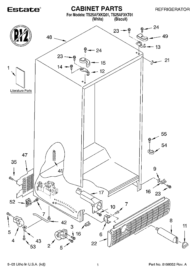 CABINET PARTS Diagram and Parts List for TS25AFXKT01  Estate Refrigerator