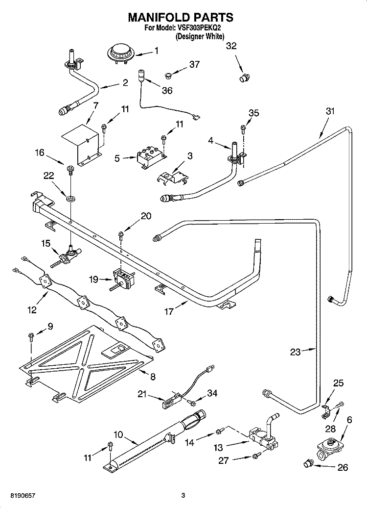 MANIFOLD PARTS Diagram and Parts List for VSF303PEKQ2  Whirlpool Range