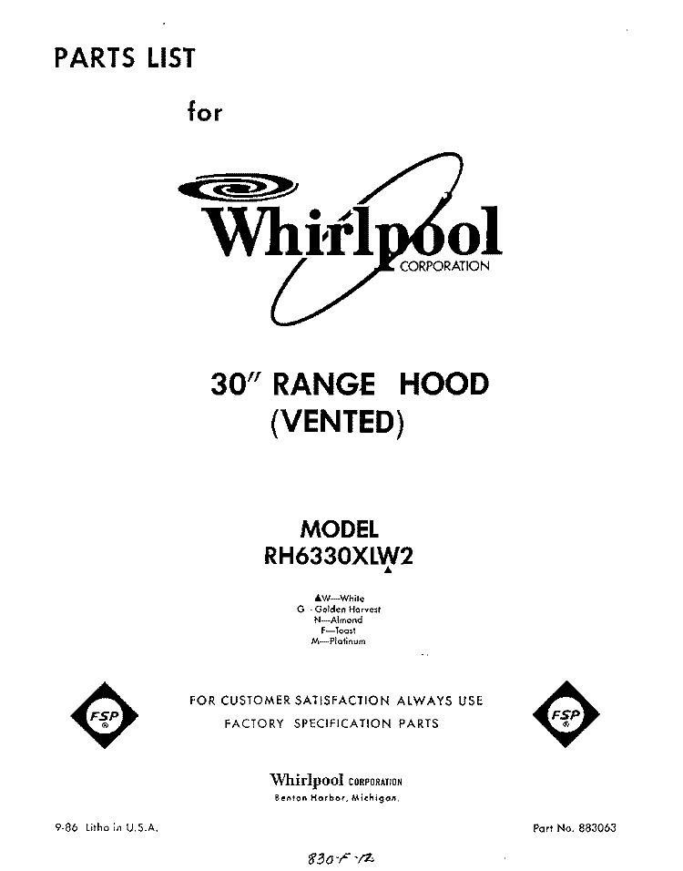 SECTION Diagram and Parts List for RH6330XLW2  Whirlpool Range Hood