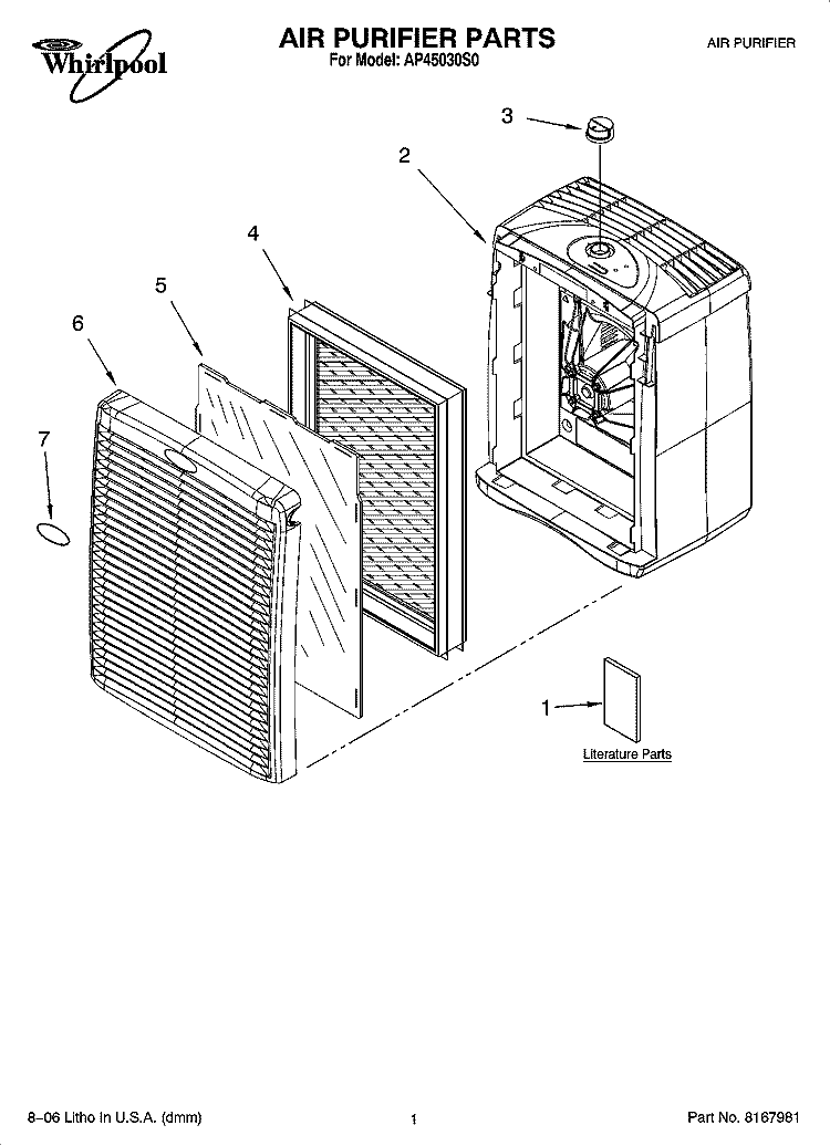 AIR PURIFIER PARTS Diagram and Parts List for AP45030S0  Whirlpool Air Purifier
