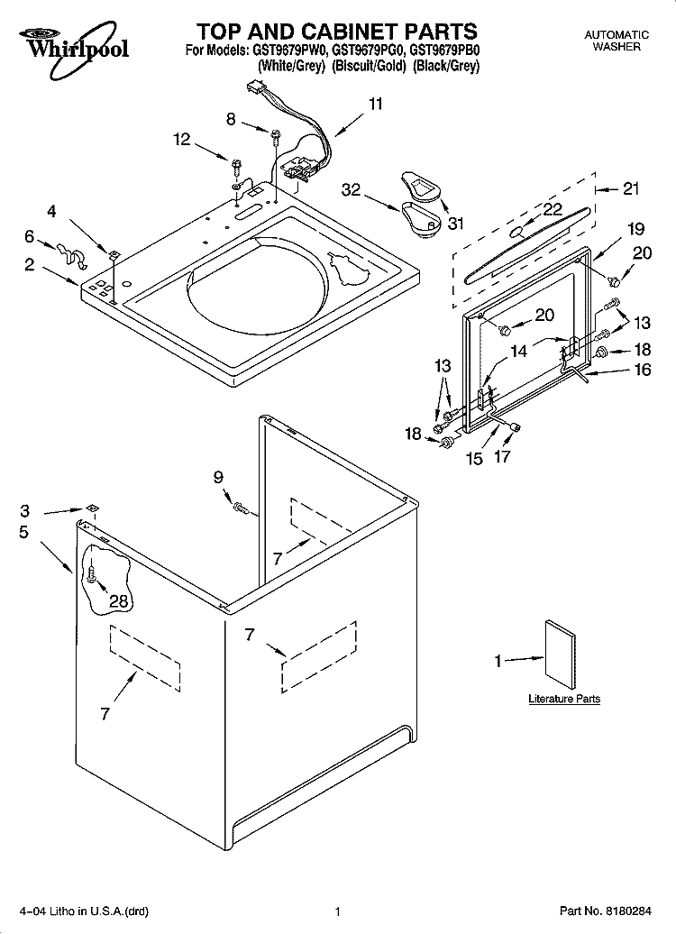 TOP AND CABINET PARTS Diagram and Parts List for GST9679PW0  Whirlpool Washer