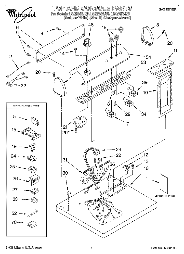 TOP AND CONSOLE, LIT/OPTIONAL Diagram and Parts List for LGQ8858JZ0  Whirlpool Dryer