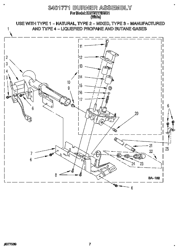 3401771 BURNER ASSEMBLY Diagram and Parts List for KGYW777BWH1  KitchenAid Dryer