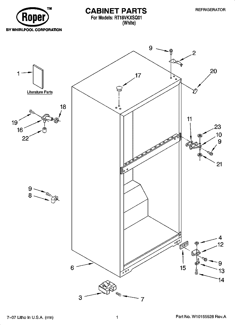 CABINET PARTS Diagram and Parts List for RT18VKXSQ01  Roper Refrigerator