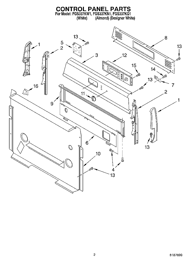 CONTROL PANEL Diagram and Parts List for FGS337KN1  Roper Range