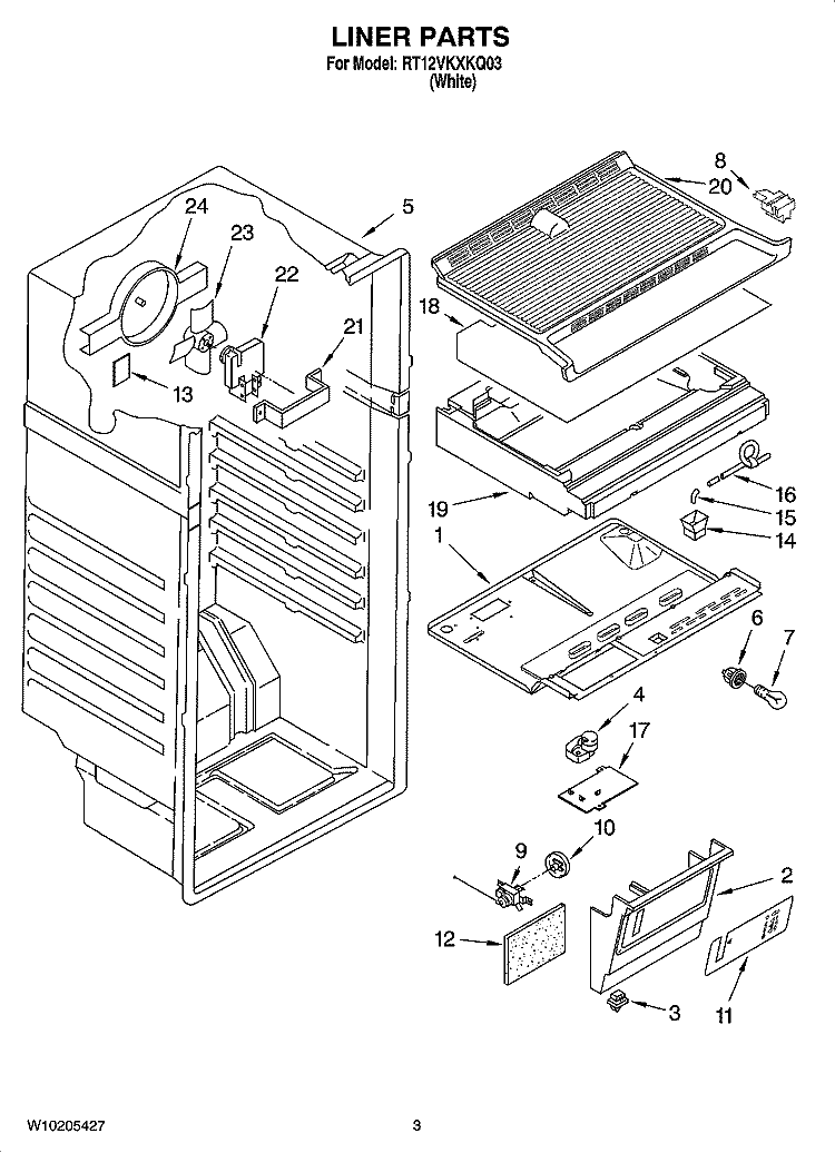 LINER PARTS Diagram and Parts List for RT12VKXKQ03  Roper Refrigerator