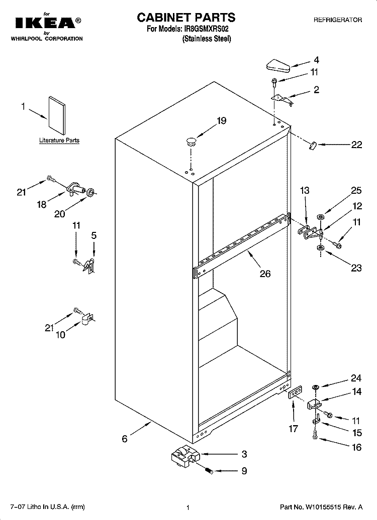 CABINET PARTS Diagram and Parts List for IR8GSMXRS02  Whirlpool Refrigerator