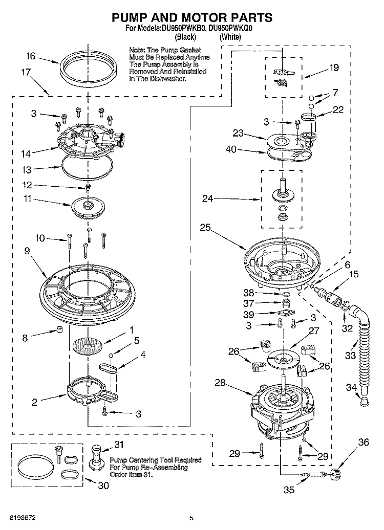 PUMP AND MOTOR Diagram and Parts List for DU950PWKB0  Whirlpool Dishwasher