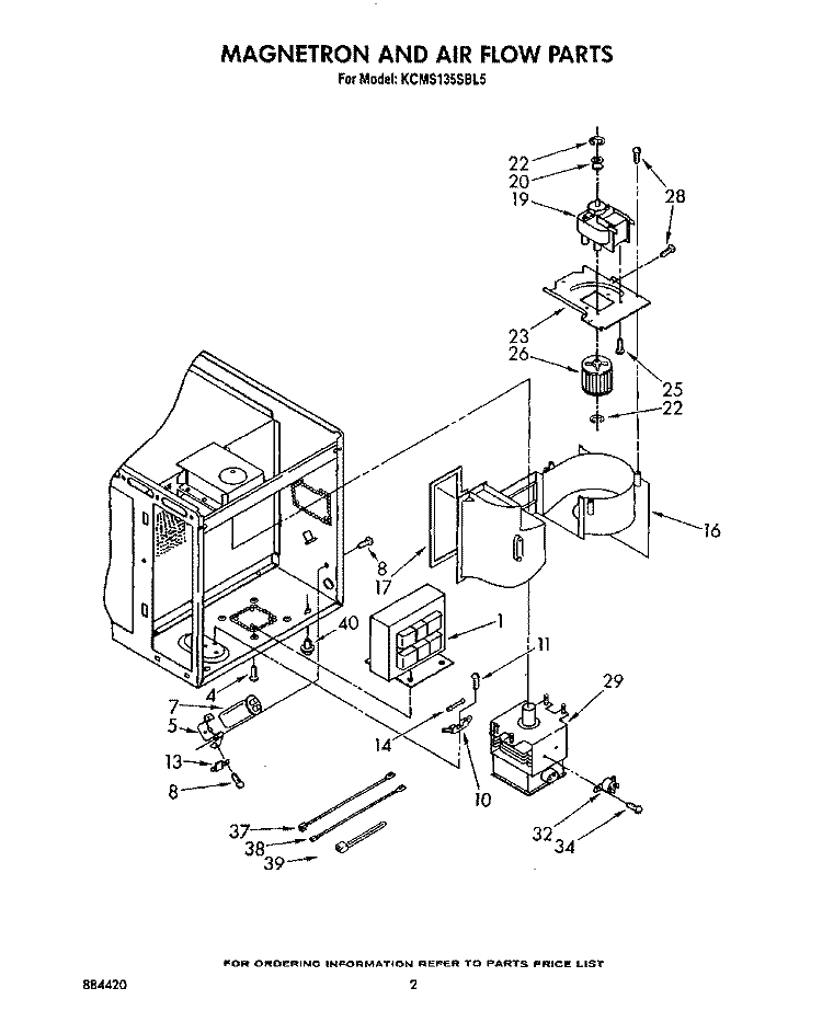 MAGNETRON AND AIR FLOW Diagram and Parts List for KCMS135SBL5  KitchenAid Microwave