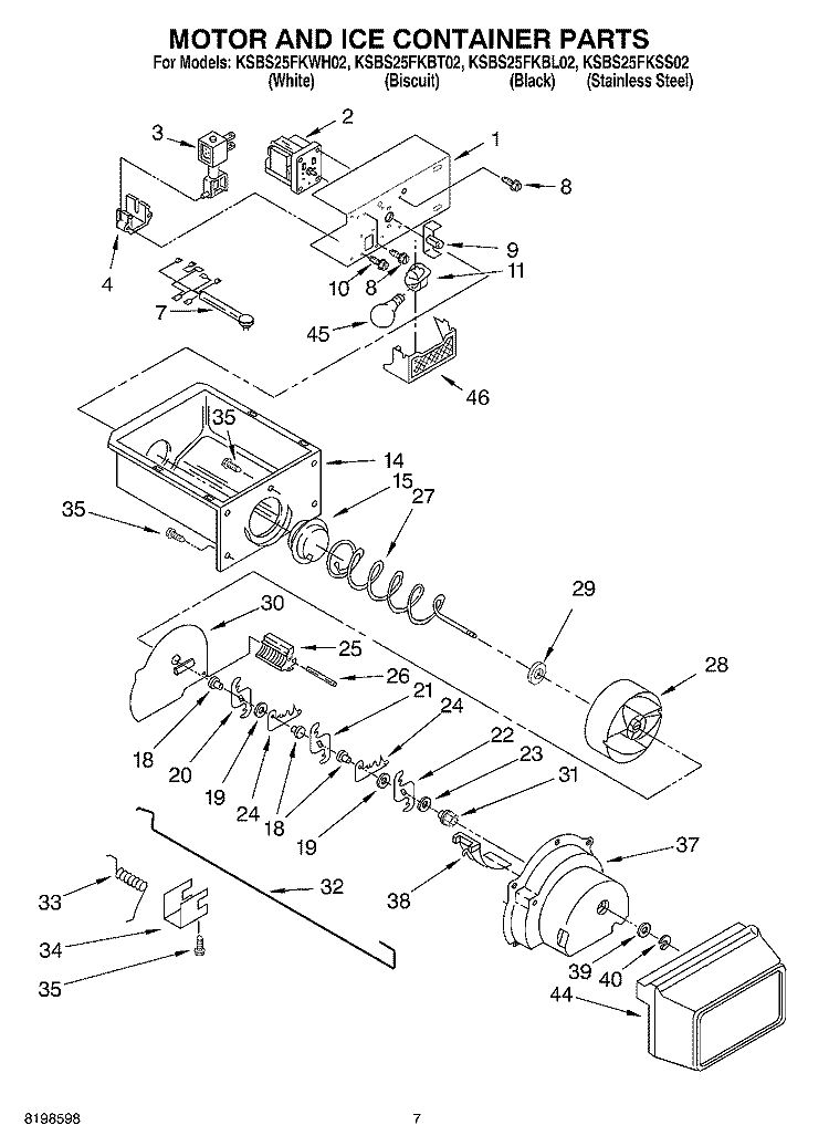 MOTOR AND ICE CONTAINER PARTS Diagram and Parts List for KSBS25FKBL02  KitchenAid Refrigerator