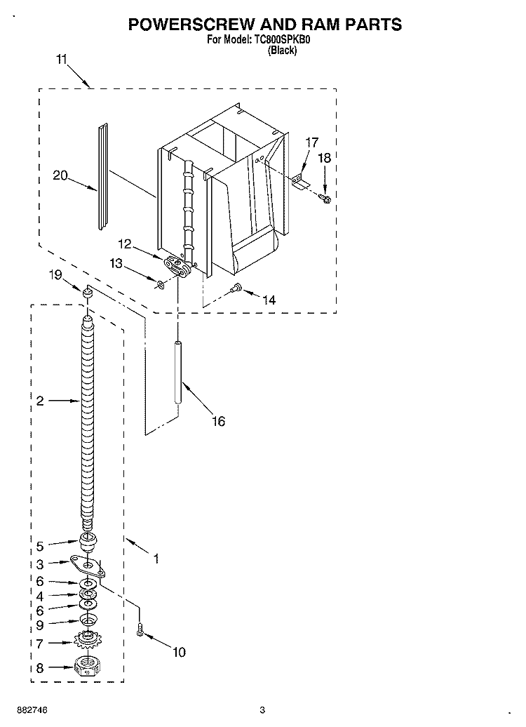POWERSCREW AND RAM Diagram and Parts List for TC800SPKB0  Whirlpool Trash Compactor