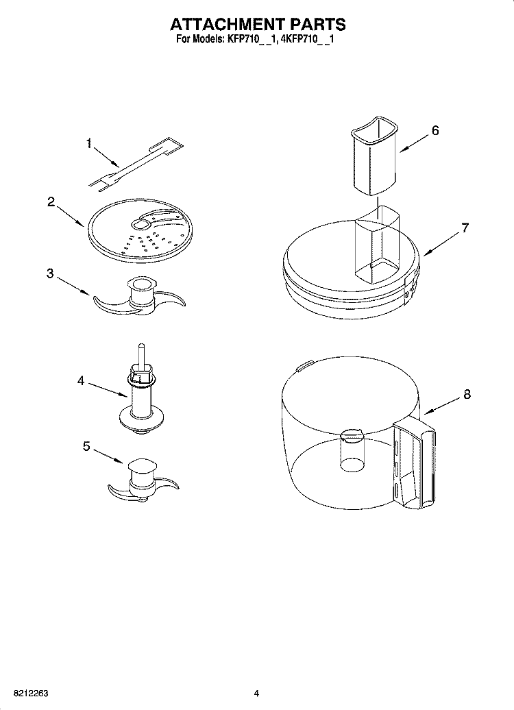 ATTACHMENT PARTS Diagram and Parts List for 4KFP710WH1  KitchenAid Food Processor