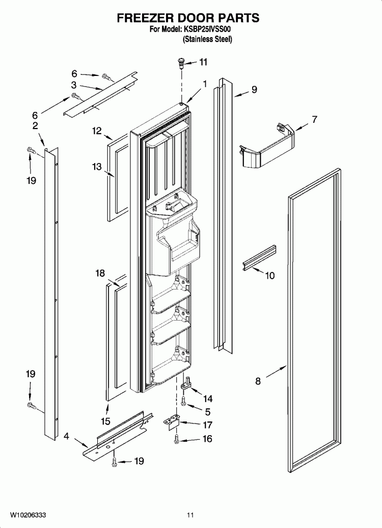 FREEZER DOOR PARTS Diagram and Parts List for KSBP25IVSS00  KitchenAid Refrigerator