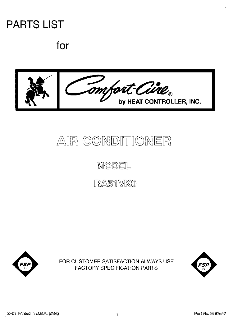 FRONT COVER Diagram and Parts List for RA51VK0  Whirlpool Air Conditioner