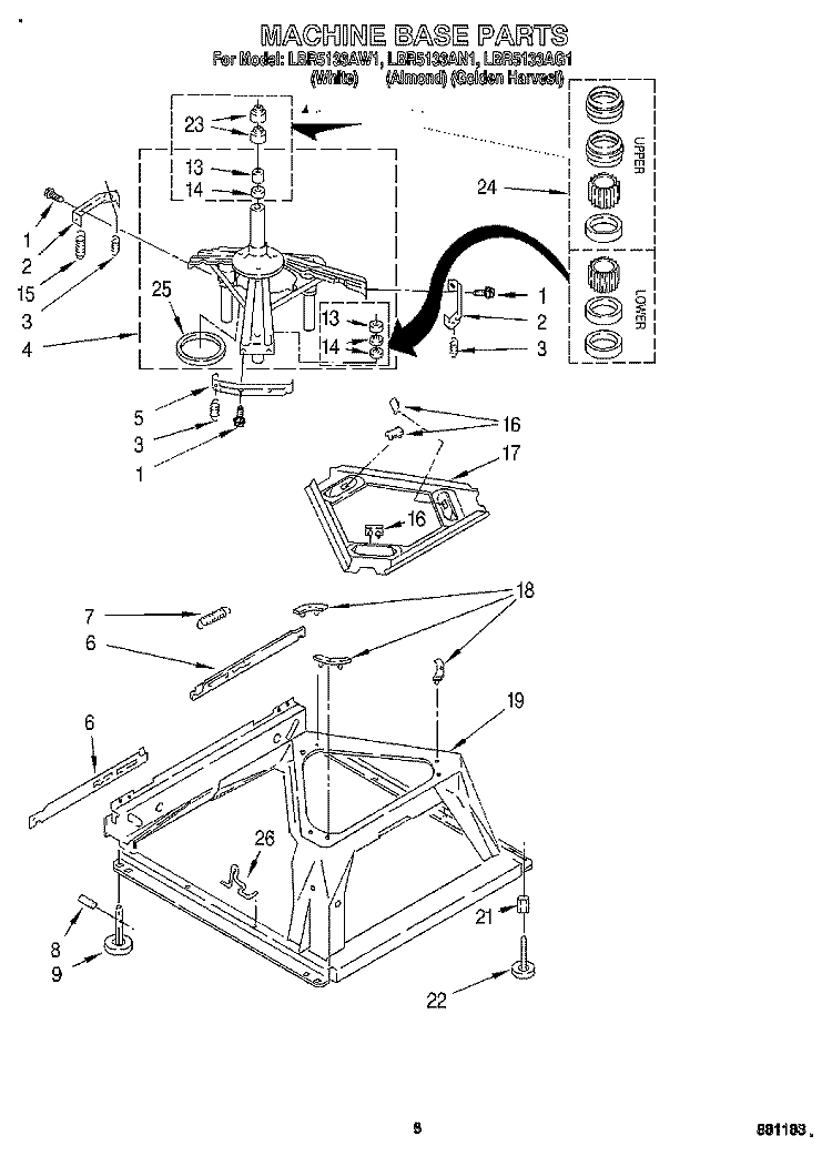 MACHINE BASE Diagram and Parts List for LBR5133AN1  Whirlpool Washer