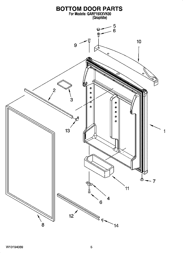 BOTTOM DOOR PARTS Diagram and Parts List for GARF19XXVK00  Whirlpool Refrigerator