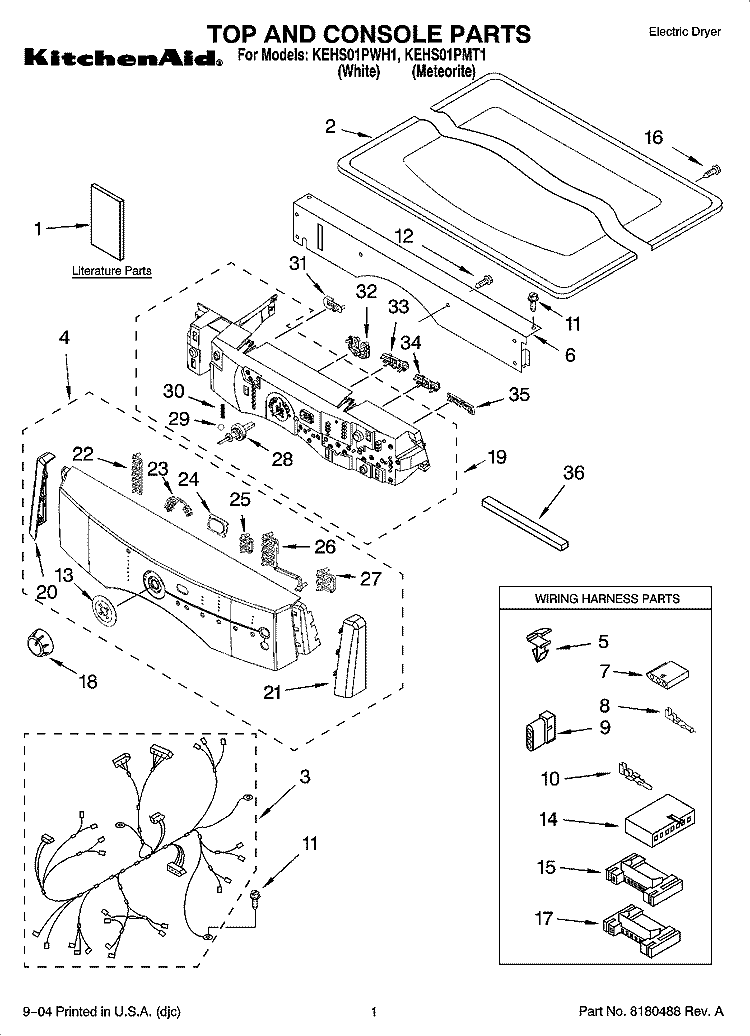 TOP AND CONSOLE PARTS Diagram and Parts List for KEHS01PWH1  KitchenAid Dryer