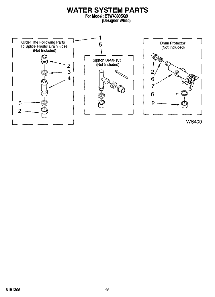 WATER SYSTEM PARTS, OPTIONAL PARTS (NOT INCLUDED) Diagram and Parts List for ETW4300SQ0  Estate Washer