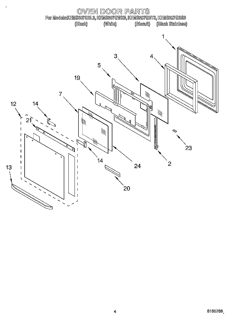 OVEN DOOR Diagram and Parts List for KEMS307GWH3  KitchenAid Microwave Oven Combo