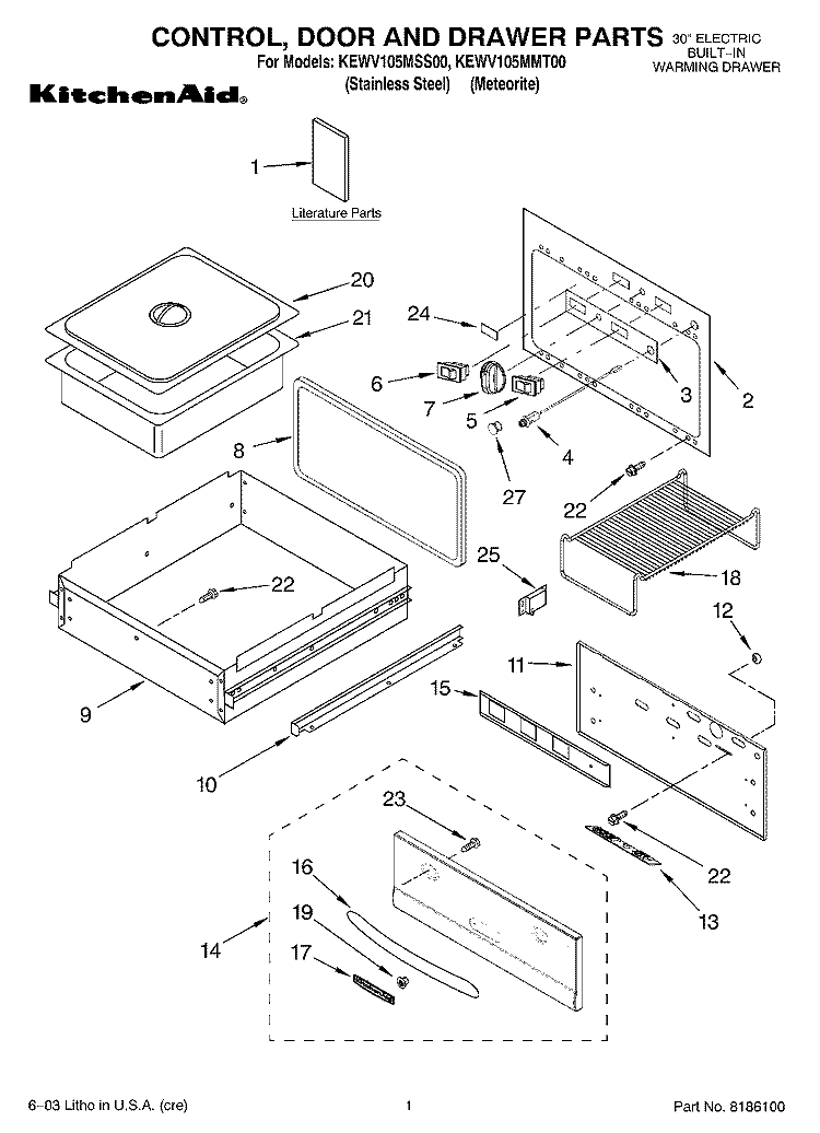 CONTROL, DOOR AND DRAWER PARTS Diagram and Parts List for KEWV105MSS00  KitchenAid Warming Drawer