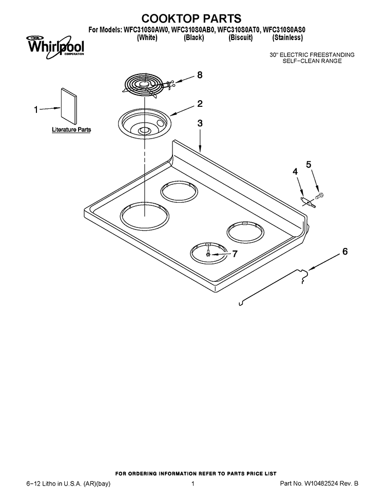 COOKTOP PARTS Diagram and Parts List for WFC310S0AW0  Whirlpool Range