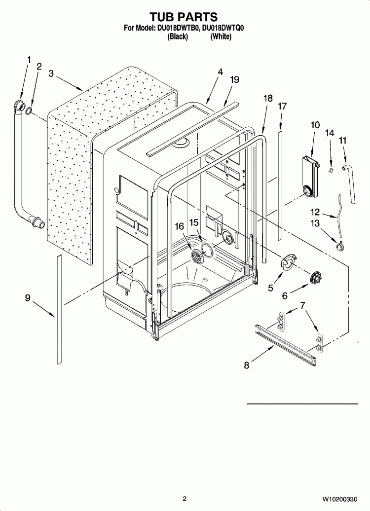 TUB PARTS Diagram and Parts List for DU018DWTB0  Whirlpool Dishwasher