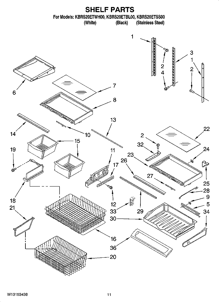 SHELF PARTS Diagram and Parts List for KBRS20ETBL00  KitchenAid Refrigerator