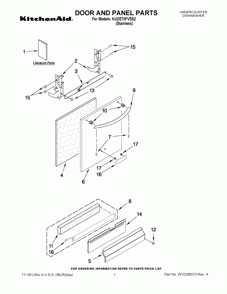 DOOR AND PANEL PARTS Diagram and Parts List for KUDE70FVSS2  KitchenAid Dishwasher