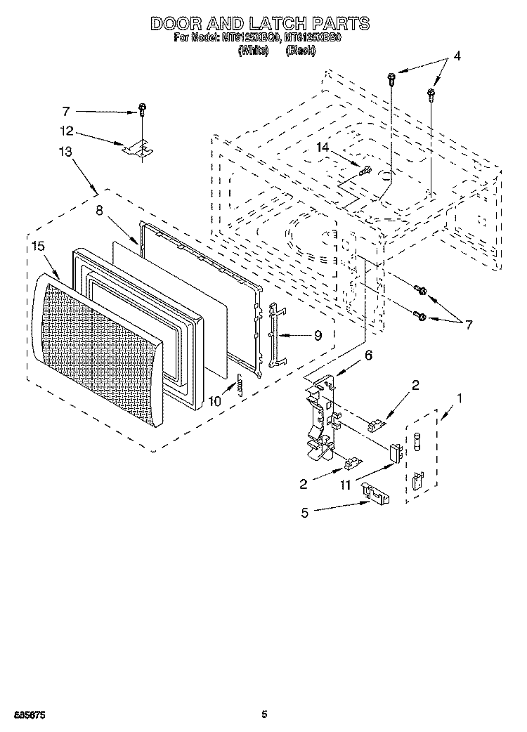 DOOR AND LATCH Diagram and Parts List for MT6125XBQ0  Whirlpool Microwave