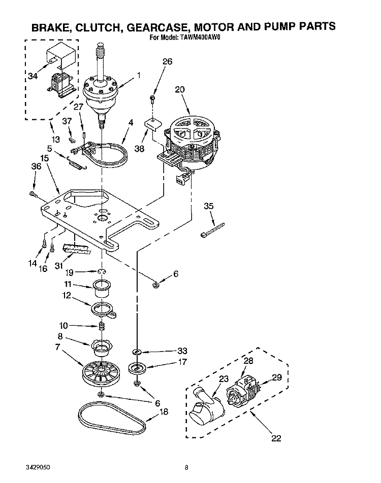 BRAKE, CLUTCH, GEARCASE, MOTOR AND PUMP Diagram and Parts List for TAWM400AW0  Estate Washer