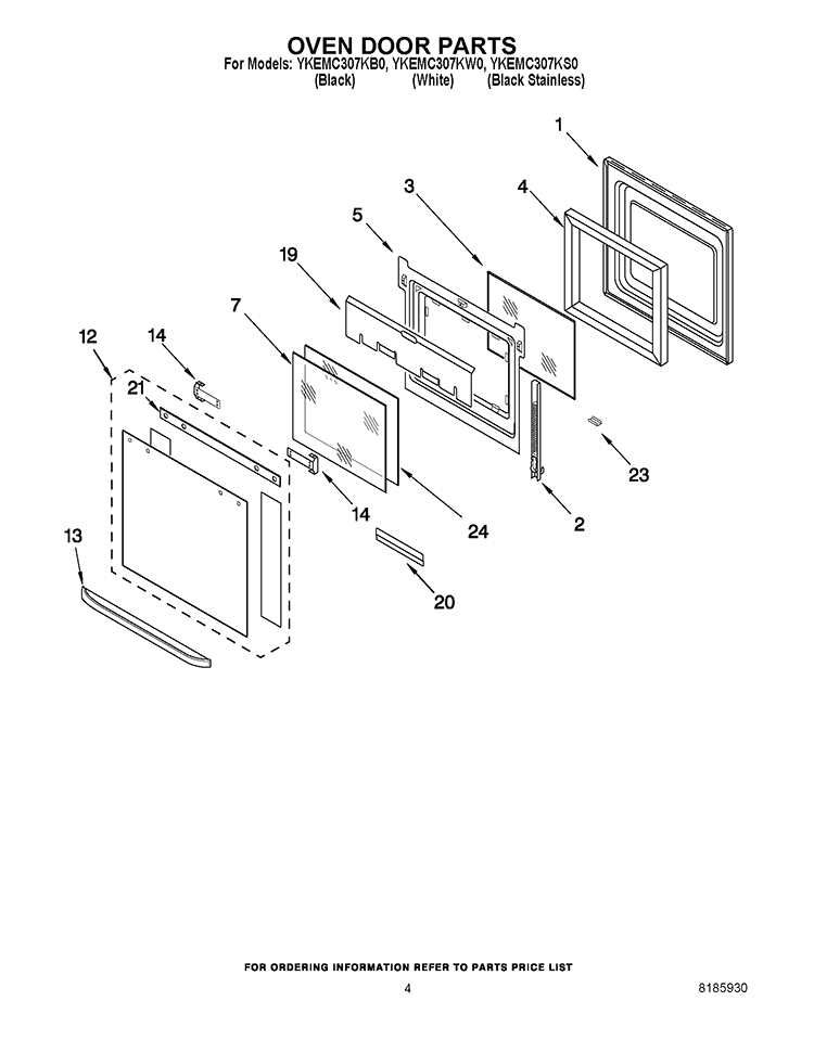 OVEN DOOR PARTS Diagram and Parts List for YKEMC307KS0  KitchenAid Microwave Oven Combo