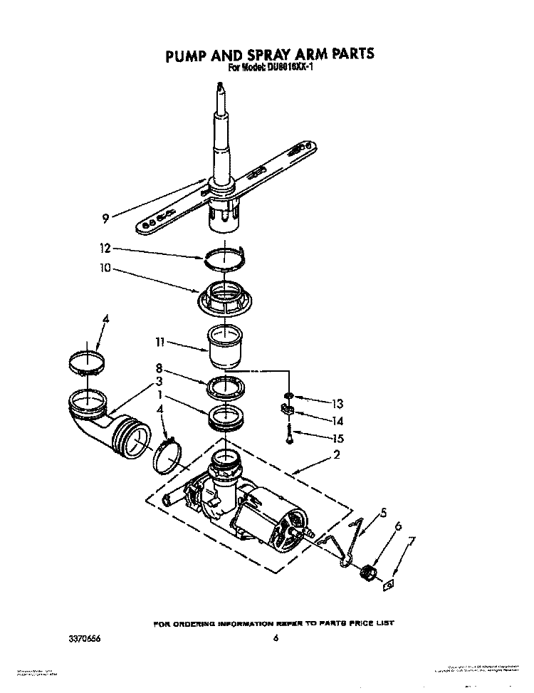 PUMP AND SPRAY ARM Diagram and Parts List for DU8016XX1  Whirlpool Dishwasher
