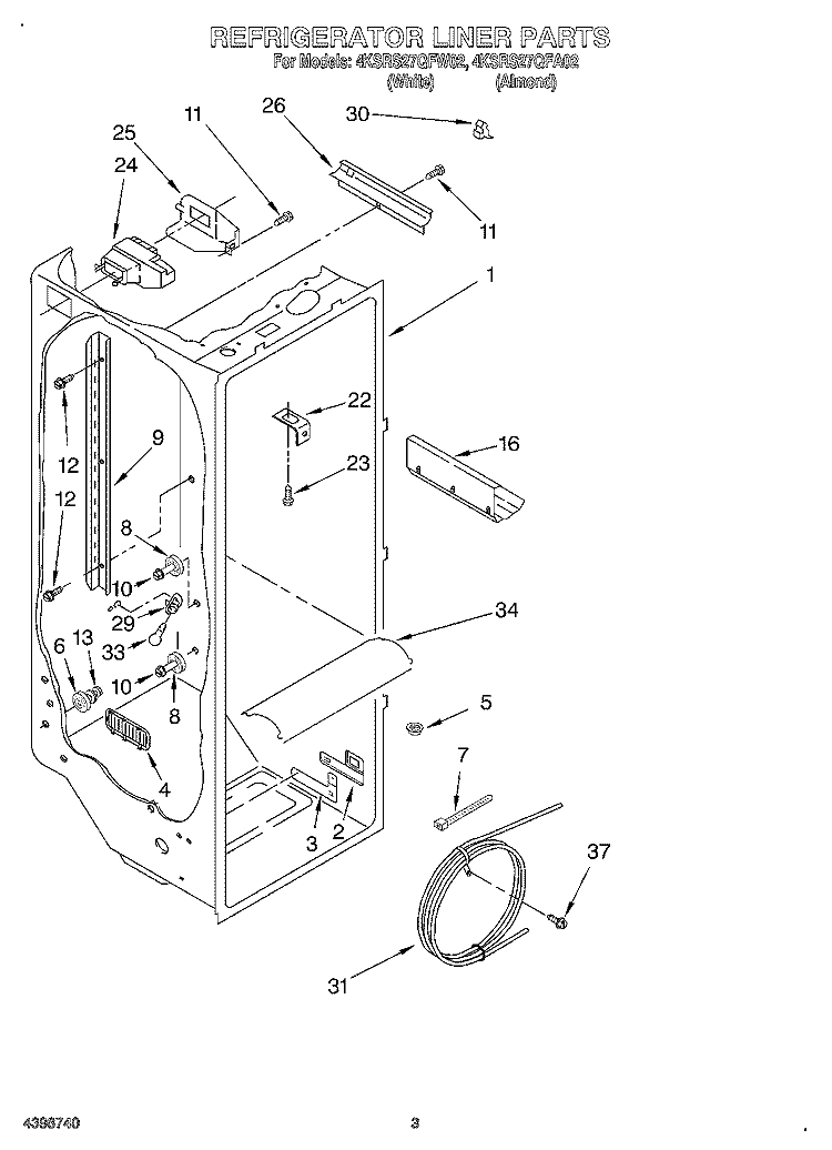 REFRIGERATOR LINER Diagram and Parts List for 4KSRS27QFW02  KitchenAid Refrigerator