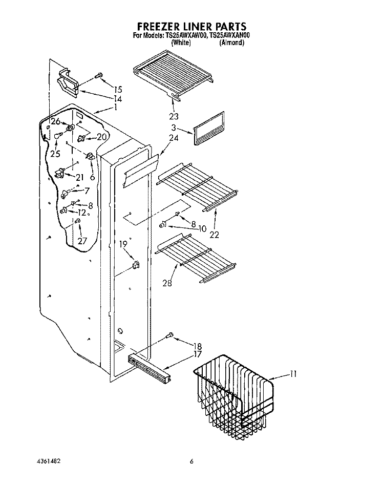 FREEZER LINER Diagram and Parts List for TS25AWXAN00  Whirlpool Refrigerator